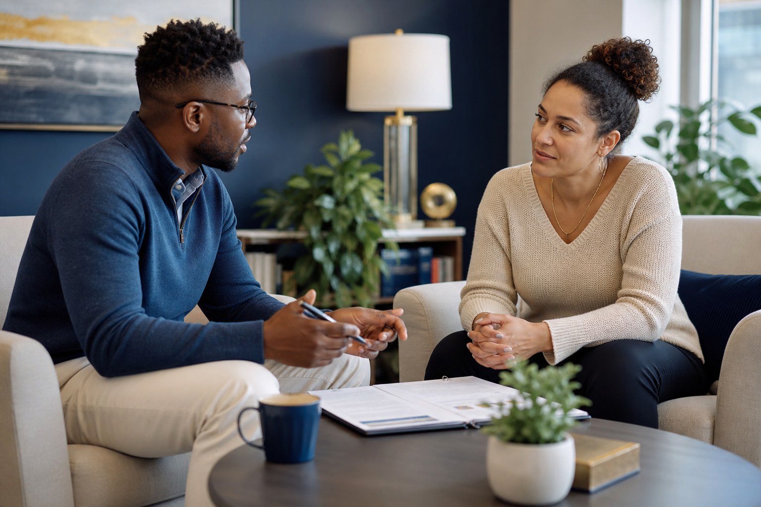 A counselor and adult client discussing a responsible road-safety plan