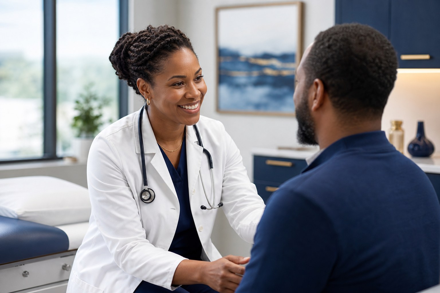 A primary care clinician welcoming an adult patient