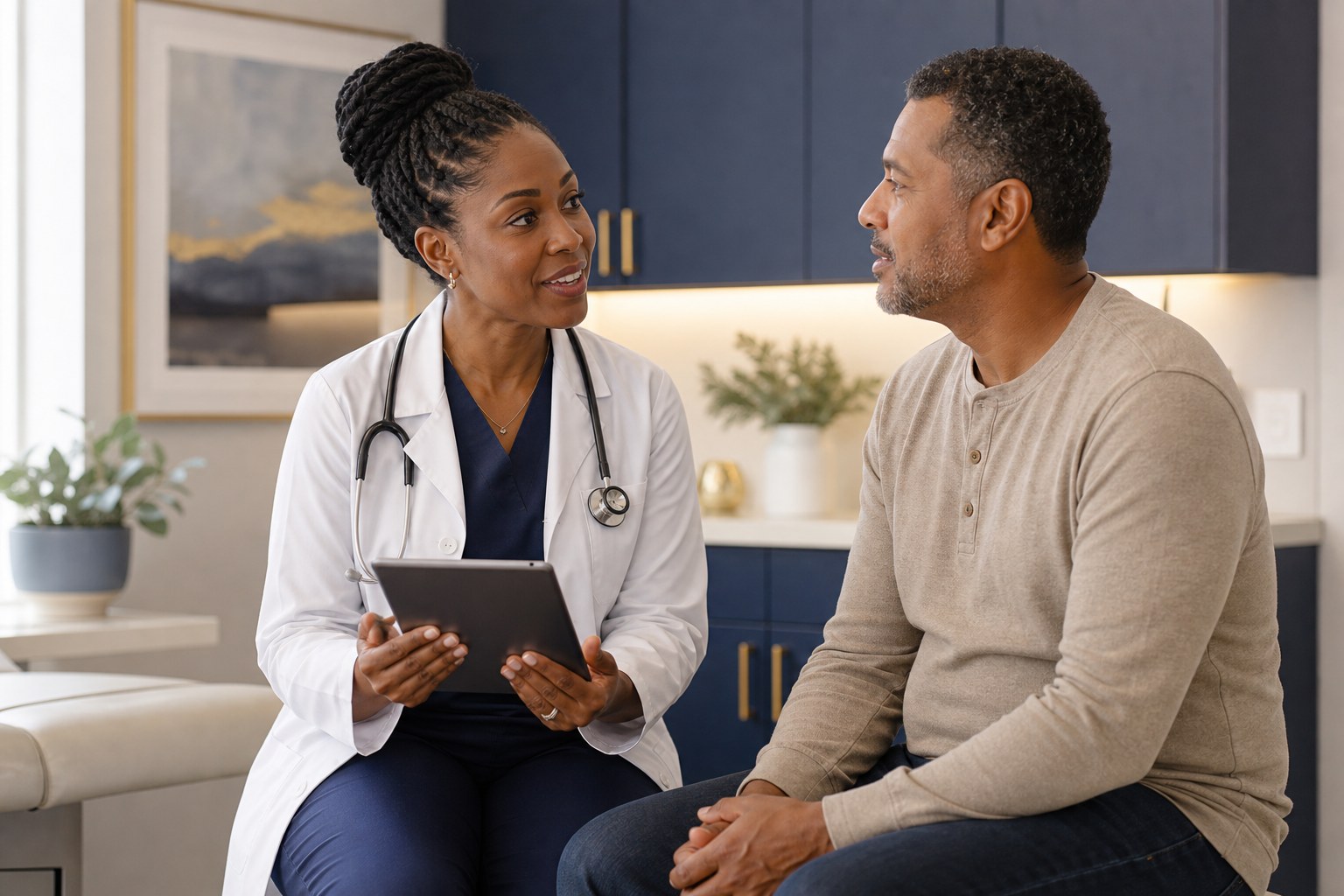 A primary care clinician discussing preventive health with a patient