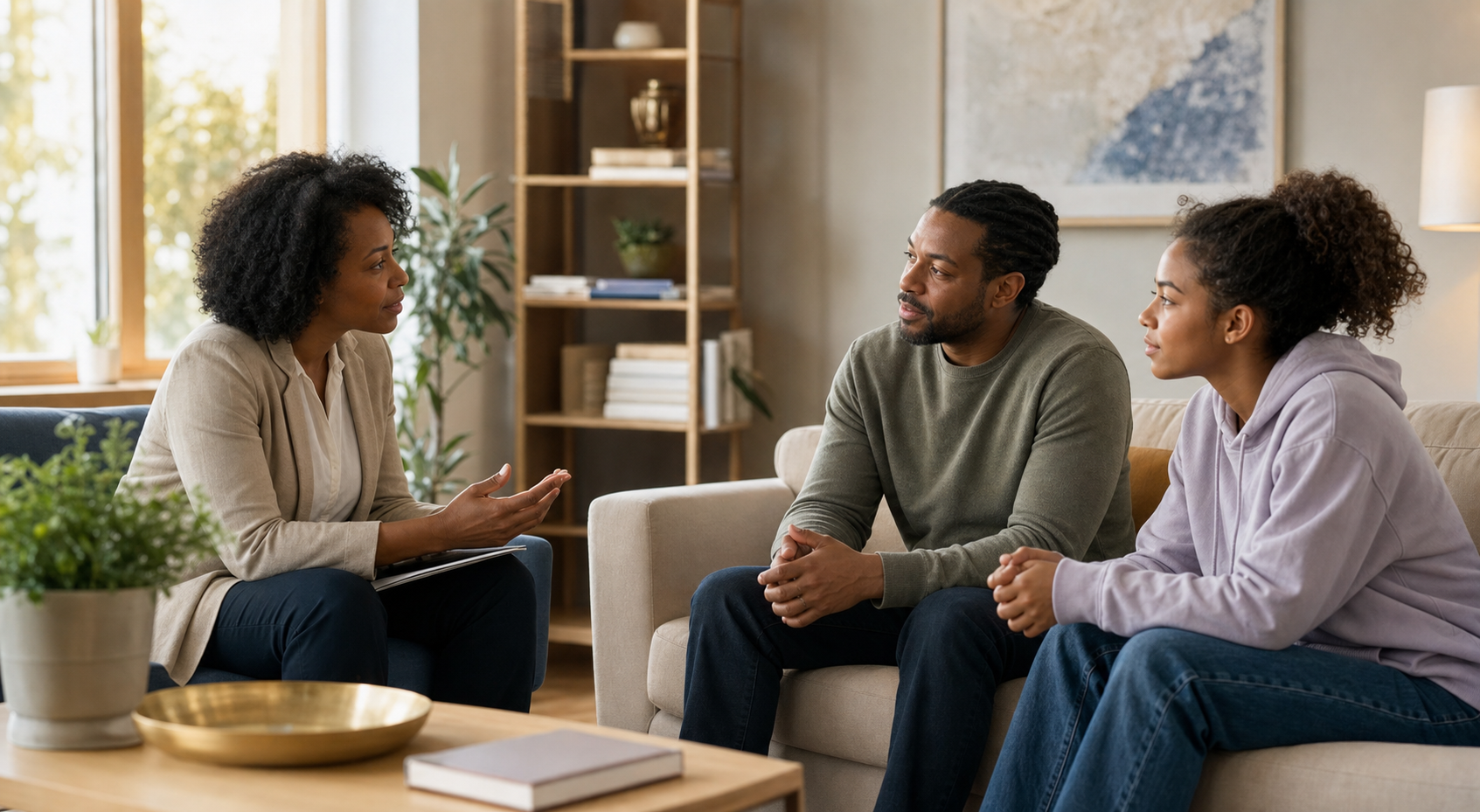 A therapist speaking with a parent and adolescent in a comfortable counseling room